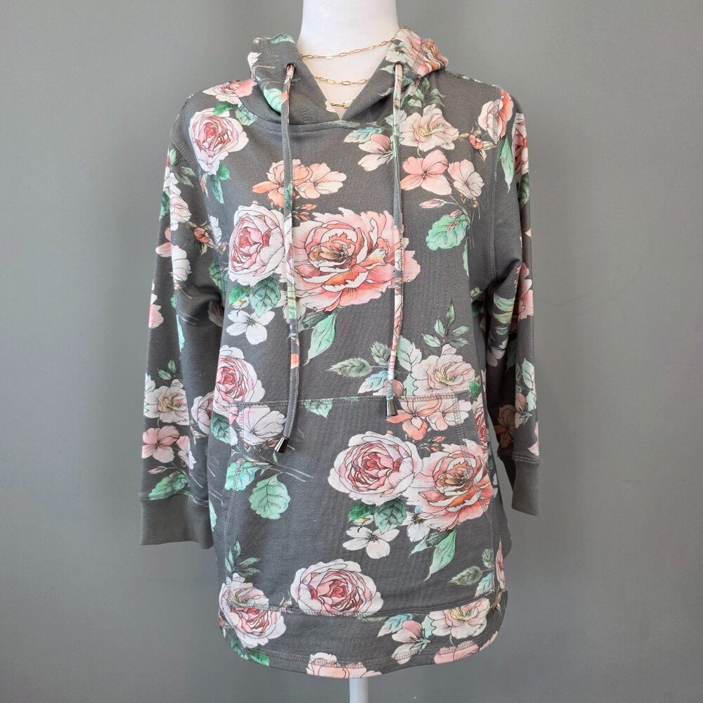 Gray Floral Hoodie. Medium. Cotton Blend. Cottage Feminine Spring Athleisure